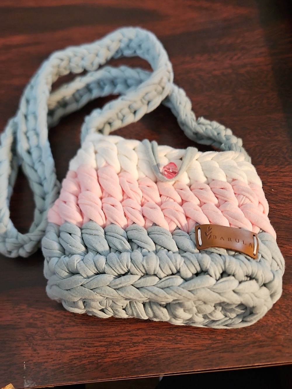 Handcrafted Gray, Pink & Cream Crochet Crossbody Bag by